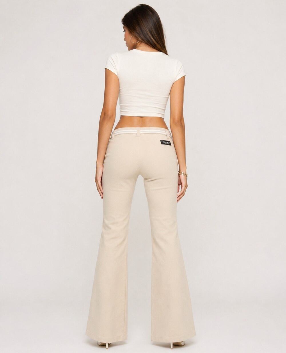 Y2K Preppy 00s Bell bottom Rampage Size 3 Cream Low Rise Flare Pants ribbon belt